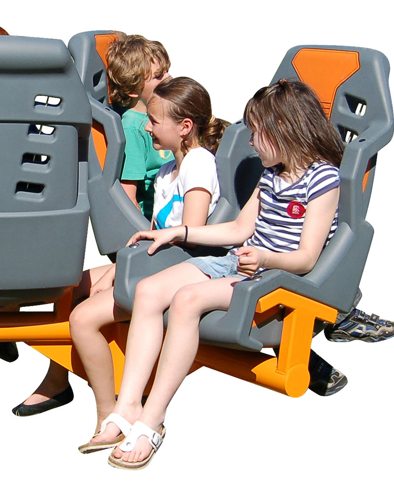 Children play on an inclusive  Mirage Roundabout with ergonomic seats. It is a cut out with white background.